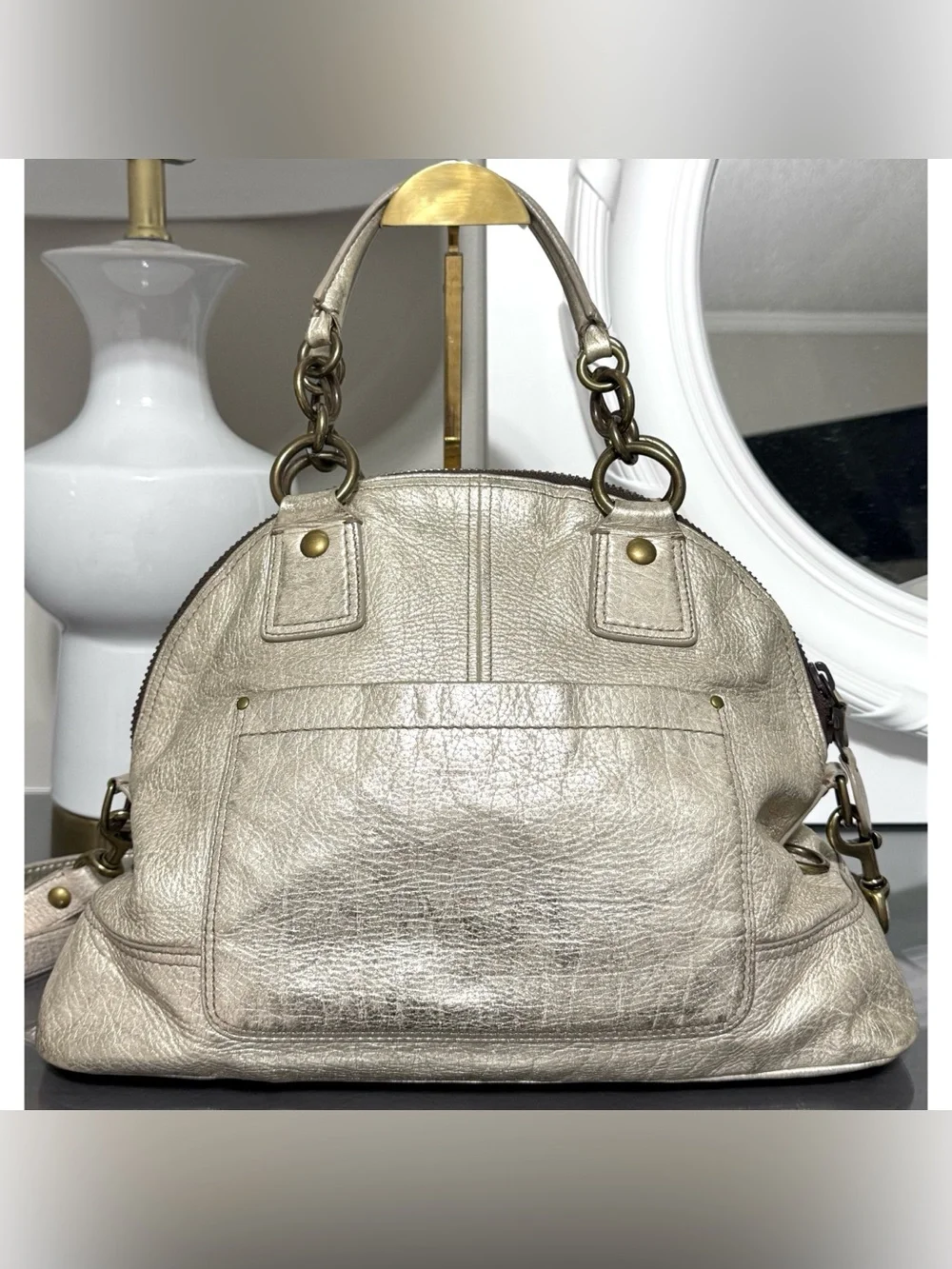 COACH Legacy Francine Domed Pearlized Ivory/ Champagne Metallic Leather Satchel
